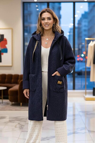 Nevin Kaya Moda Navy Blue Embroidered Coat