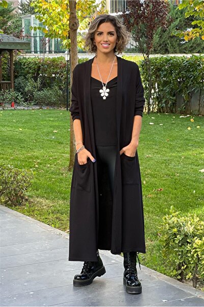 Nevin Kaya Moda Černý dlouhý základní cardigan s dvojitými kapsami