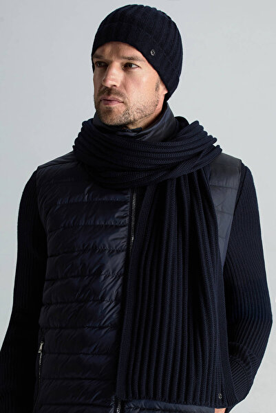 Hemington Örgü Desenli Merino Yün Lacivert Atkı