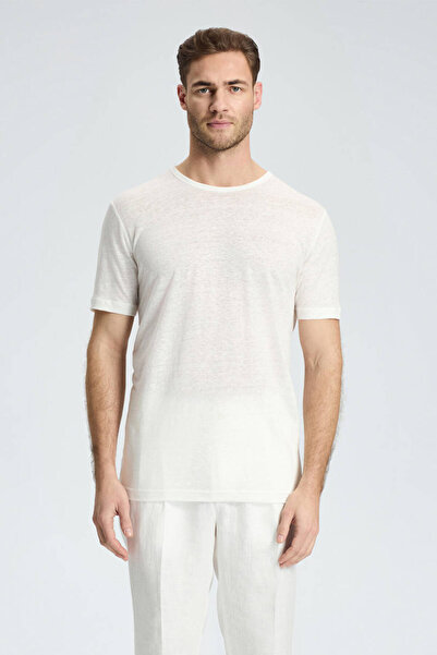 Hemington Saf Keten Bisiklet Yaka Beyaz Basic T-Shirt