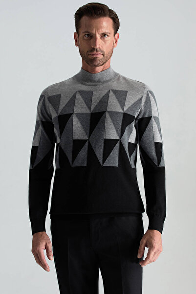 Hemington Merino Yün Lupetto Yaka Desenli Siyah Triko