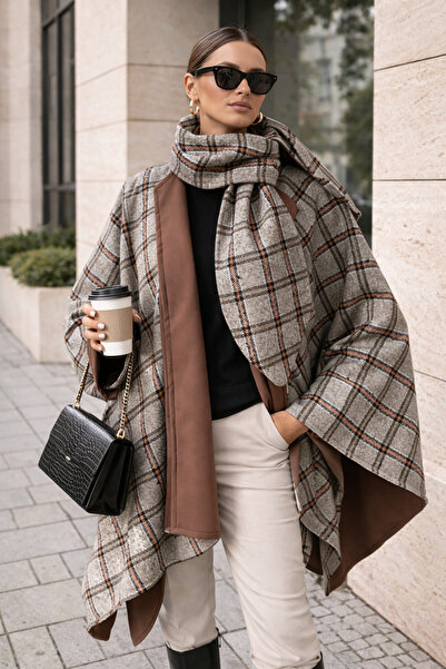 Glowear Atelier معطف نسائي منقوش يمكن ارتداؤه على الجانبين مع تفاصيل وشاح بنية اللون