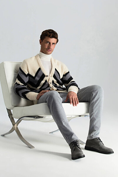 Hemington Alpaka Yün Kaşmir Karışım Zigzag Desen Bej Gri Düğmeli Hırka