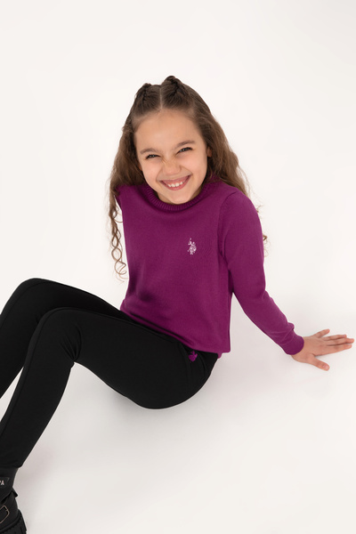 U.S. Polo Assn. سترة بناتية أساسية بياقة دائرية باللون البنفسجي 50316808-VR037