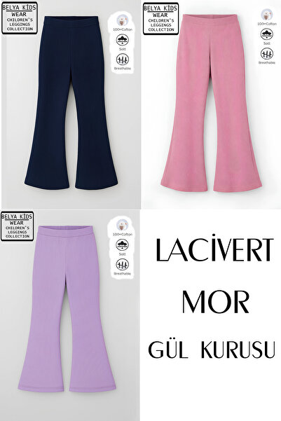 Belya Kids Wear 3 Lü Paket Pamuğa Pamuk Kız Çocuk Fitilli Tayt