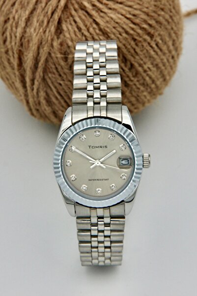 TOMRİS ساعة يد نسائية مصنوعة بالكامل من الفولاذ المقاوم للصدأ، مقاومة للماء، سوار فضي، مينا كريمي