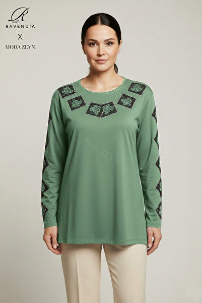 Ravencia Women's Middle Age and Above Viscose Square Stone Slit Embroidered L Stretch Fabric Mother Combed Cotton Blouse