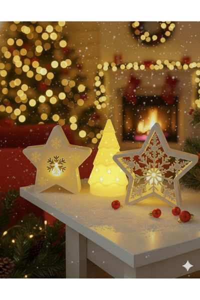 teknotrust 3 lü Set-Yılbaşı süsü-Kar Tanesi Yıldız-Çam ağacı-Dekor seti-Mumlar dahil