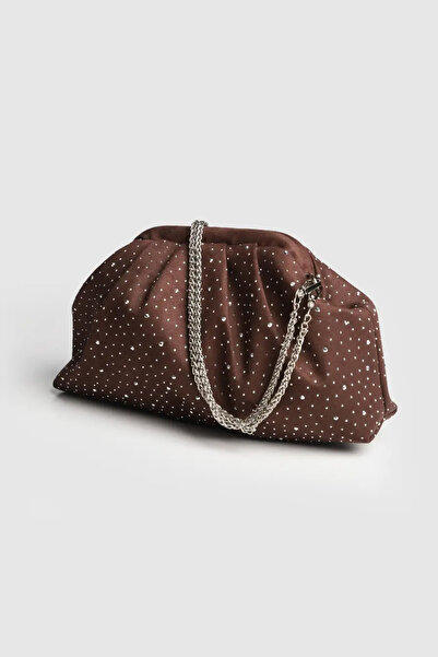 Melos Butik Kadın Acı Kahve Kadife Taşlı Portföy Clutch Askılı Süet Çanta