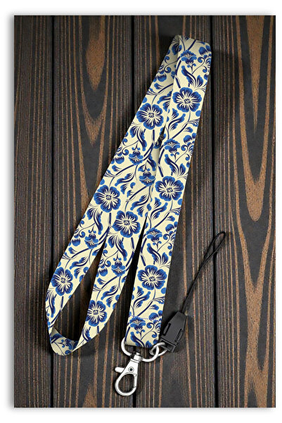 Mia Aurora Mavi Beyaz Çiçek Desenli Klasik Desen Boyun Askı İpi Telefon Askıs...