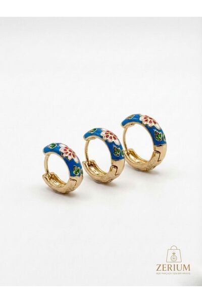 ZERİUM Tile Patterned Floral Motif Vintage Inspired Trendy Hoop Women's Earrings