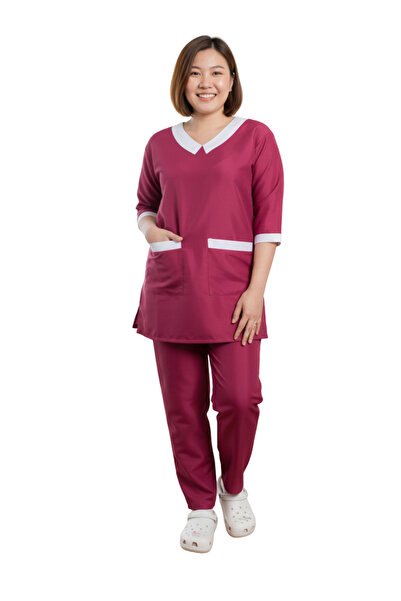 ABSHIR طقم زي الخادمة/الخادمة/المربية، طقم بلوزة بفتحة رقبة على شكل حرف V وجيوب، وبنطلون، زي قطني