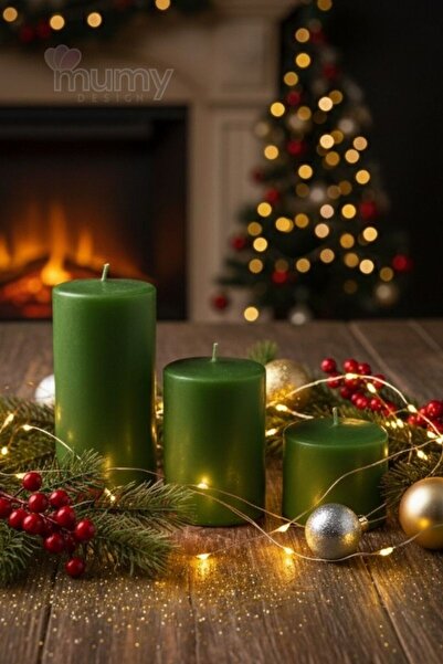 Mumy Desing 3'lü Kütük Silindir Set Mum Yeşil Vanilya Kokulu  7 Çap Boylar 5-9-15 Cm
