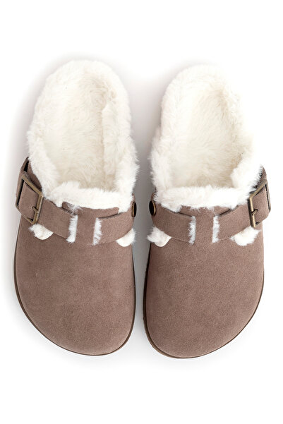 alamoda Women's Genuine Leather Fur Buckle Sabo Slippers Mink Suede Lunela