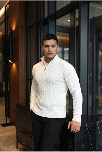 Valiberta Bardem Saç Örgülü Yarım Fermuar Erkek Triko Kazak - Ekru