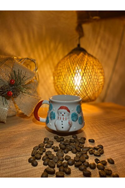 Kütahya Hedef Çini YILBAŞI KABARTMALI KARDAN ADAM FİGÜRLÜ EL YAPIMI SERAMİK KUPA