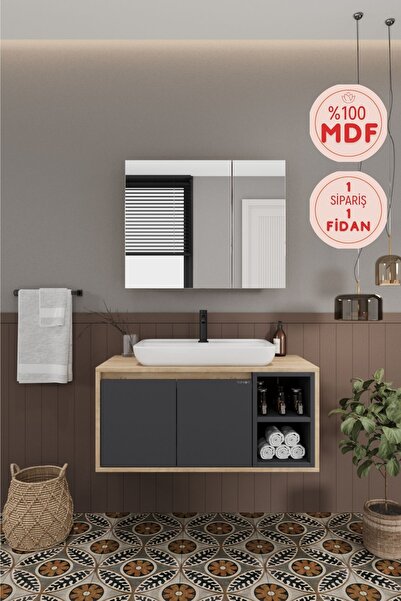 BALNEOM Lale 90 Cm %100 Mdf Lavabolu Banyo Dolabı + Aynalı Dolap