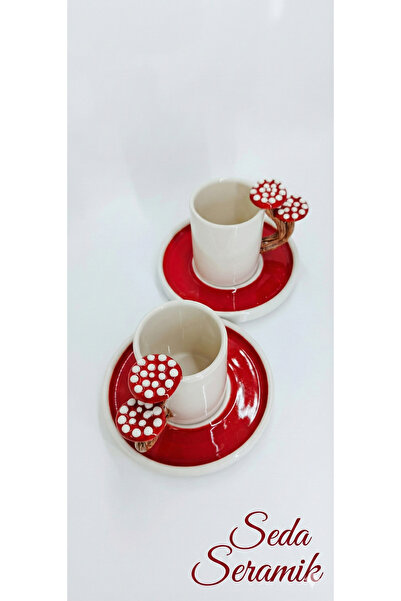seda seramik El Yapımı Dila Tasarım Mantar Saplı 4 Parçalı 2 Kişilik Seramik Kahve Fincanı Takımı 100 Ml.