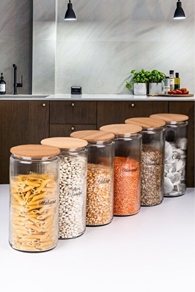 naturelove 6’lı Etiketli Cam Kavanoz Seti – Mega Bambu Vakum Kapaklı Çizgili Erzak Un Bakliyat Saklama Kabı 2 L