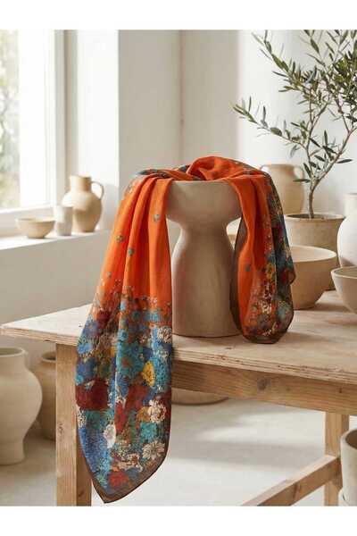 Yoncha Kadın Şal Turuncu Etnik Desenli Viskon