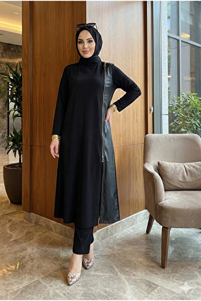 modamira Kadın siyah Pamuklu Ön Deri ve Fermuar detaylı Tunik Pantolon Tesett...