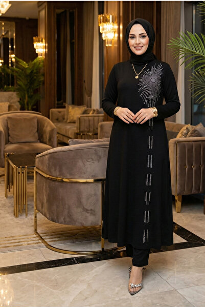 modamira Kadın Siyah Kristal Pamuk Viskon Abiye DMS Taş Detaylı Tesettür Tunik Pantolon İkili Takım