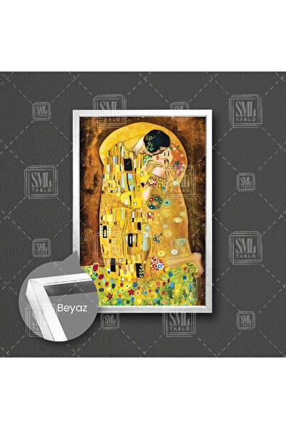 SML TABLO İlk Öpücük Tablosu Gustav Klimt The Kiss Çerçeveli Dikey Kanvas Tablo
