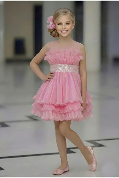 By Feyza Kids Collection By Feyza Kız Çocuk Pembe Kısa Payetli Abiye Toka Dahil Kat Kat Elbise 3-12 Yaş