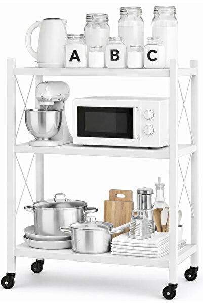 ALMUFARREJ رف تخزين قابل للطي مكون من 3 رفوف من الأسلاك المعدنية للاستخدام في المرآب/المطبخ/المنزل/الخزانة، باللون الأبيض