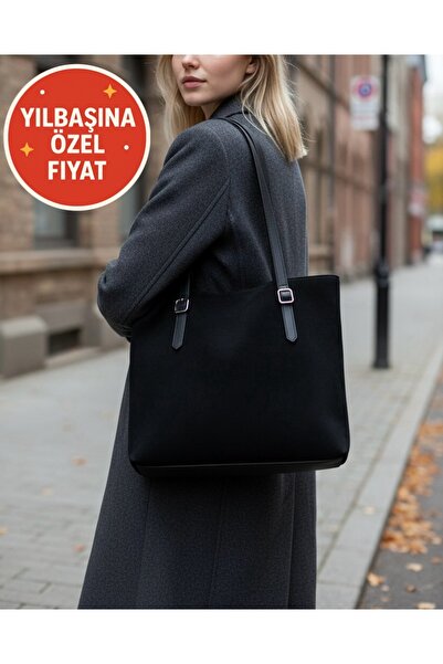 DEMESİ Kadın Büyük Süet Tote Çanta – Fermuarlı, Geniş İç Hacimli, Günlük & Şık Siyah Omuz Çantası