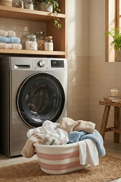 Vienev 25 Litre Katlanır Çamaşır Sepeti - Katlanır Sepet Pembe