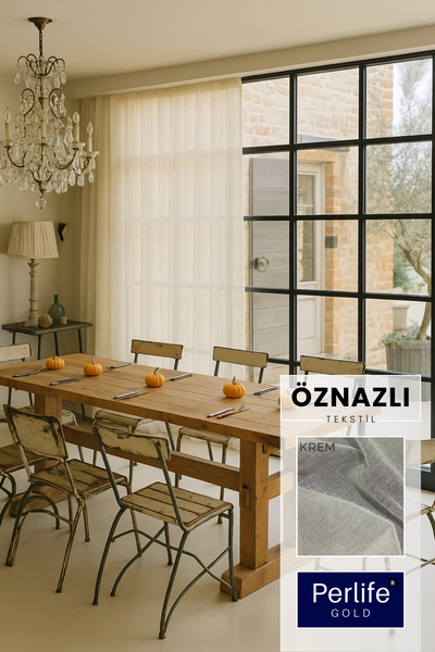 Perlife Gold ® Keten Tül Perde Sık Pile Düz Modern Şık Salon ve Oturma Odası ...
