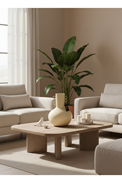 Living مزهرية فولاذية مزخرفة بمقابض متعددة، لون بيج لامع، 33 سم