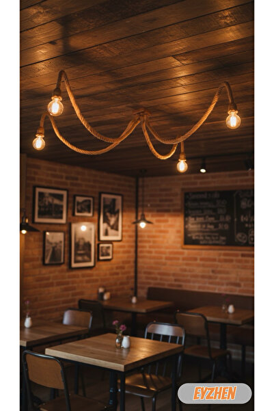 Eyzhen El Yapımı Jüt Sarkıt Halat 4 Lü Avize Ahşap Avize Kafe Ev Balkon Ofis Aydınlatma