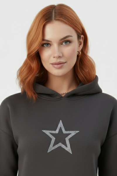 UNCİA OUTDOORS Küçük Yıldız Desenli Kadın Oversize Sweat Rahat Kalıp Kapüşonl...