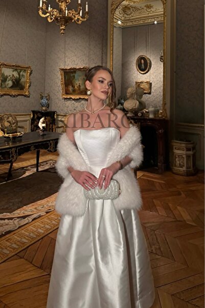 kibarca Kısa Tüylü Beyaz Kürk Atkı Lüks Kürk Şal İtalyan Şıklığı Düğün Fular