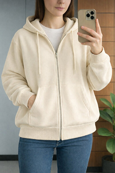 BRLKN Women's Hooded Detail Zippered Cardigan 3-Layer Thick