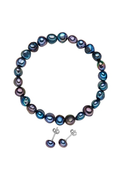 Valero Pearls Perlenset Set (Kol Bandı+Ohrstecker) Gümüş Süßwasser-Zuchtperle dunkelblau