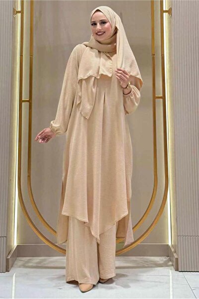 TRENDTESETTÜR KADIN BEJ (TAŞ) ŞALLI PANTOLONLU TAKIM T 7393