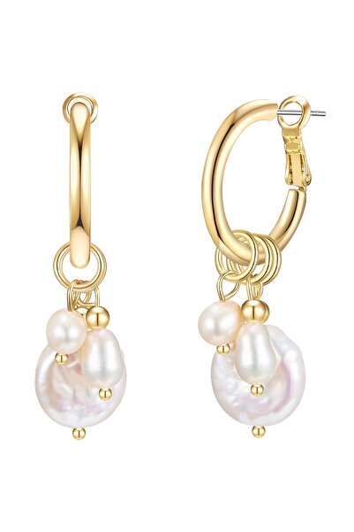 Lulu & Jane Modeschmuckohcreolen Creolen gelbgold Süßwasser-Zuchtperle weiß