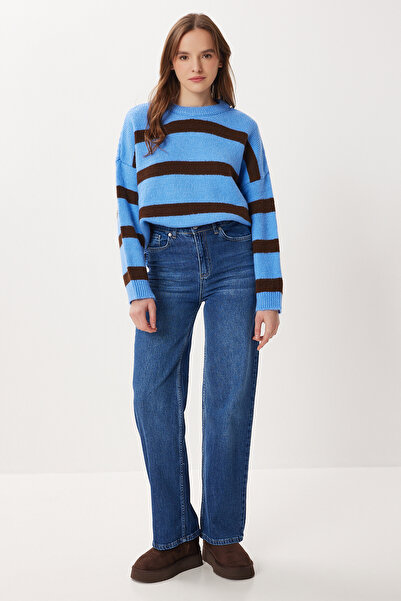 Lovelyİstanbul talie înaltă Blugi cu picioare largi LRI0016 ALBASTRU ÎNCHIS