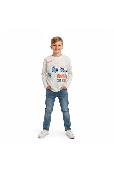 Çikoby Boy's Printed Beige Sweatshirt Long Sleeve 100% Cotton