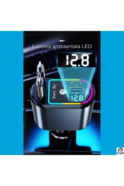 ATOM DEALS Încărcător auto 3 în 1 120 W cu cablu retractabil, tip C și Lightning, LED, negru
