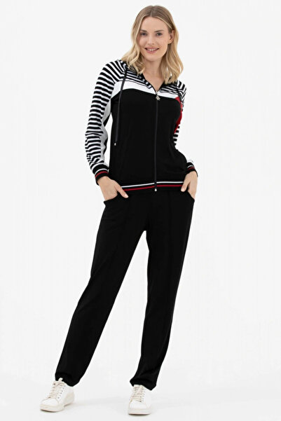 Sementa Kadın Siyah Kapüşonlu Çizgi Kombinli Eşofman Takım