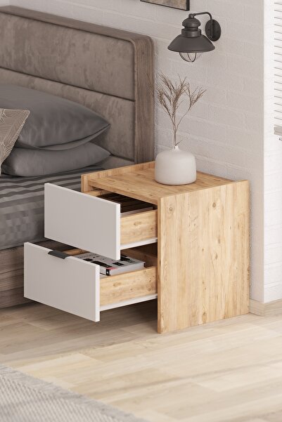 Bicabin Sadem 2 Çekmeceli Komodin Atlantik Çam/Beyaz Geniş Depolama Alanlı Mo...