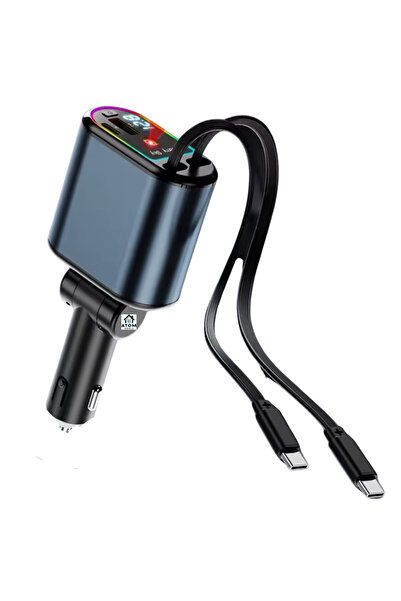 ATOM DEALS Încărcător auto 3 în 1 120 W cu cablu retractabil, tip C și Lightning, LED, negru