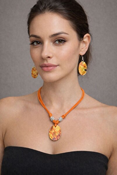 Gönülden Tasarım Hand Painted Floral Stone Women's Necklace Earring Set 23 cm
