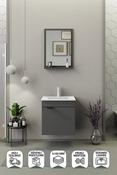 BİANİ FİX Arya 55 Cm Mat Gri Banyo Dolabı