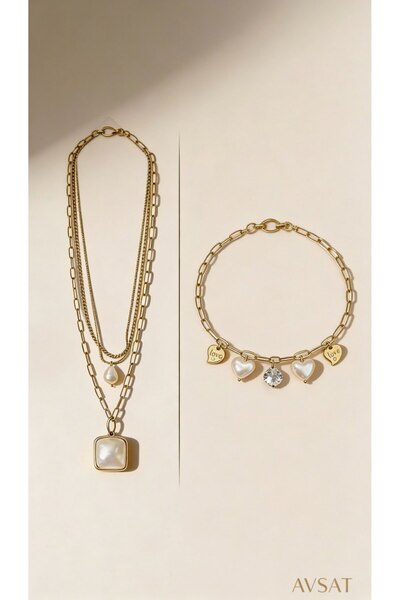 MelikeSteel Çelik Üçlü Zincir Beyaz Sedef İnci Kolye Ve bileklik seti