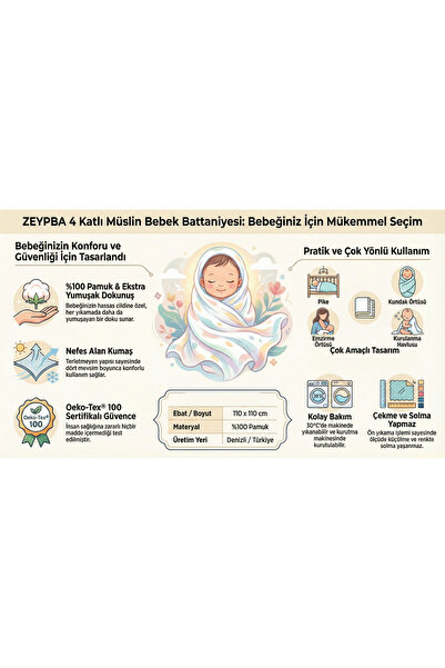 ZEYPBA % 100 Pamuk 4 Katlı Müslin Gri 110x110 cm (Bebek & Çocuk İçin)